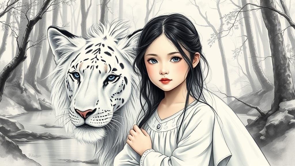 Girl and Lion in Chinese Ink Wash Style