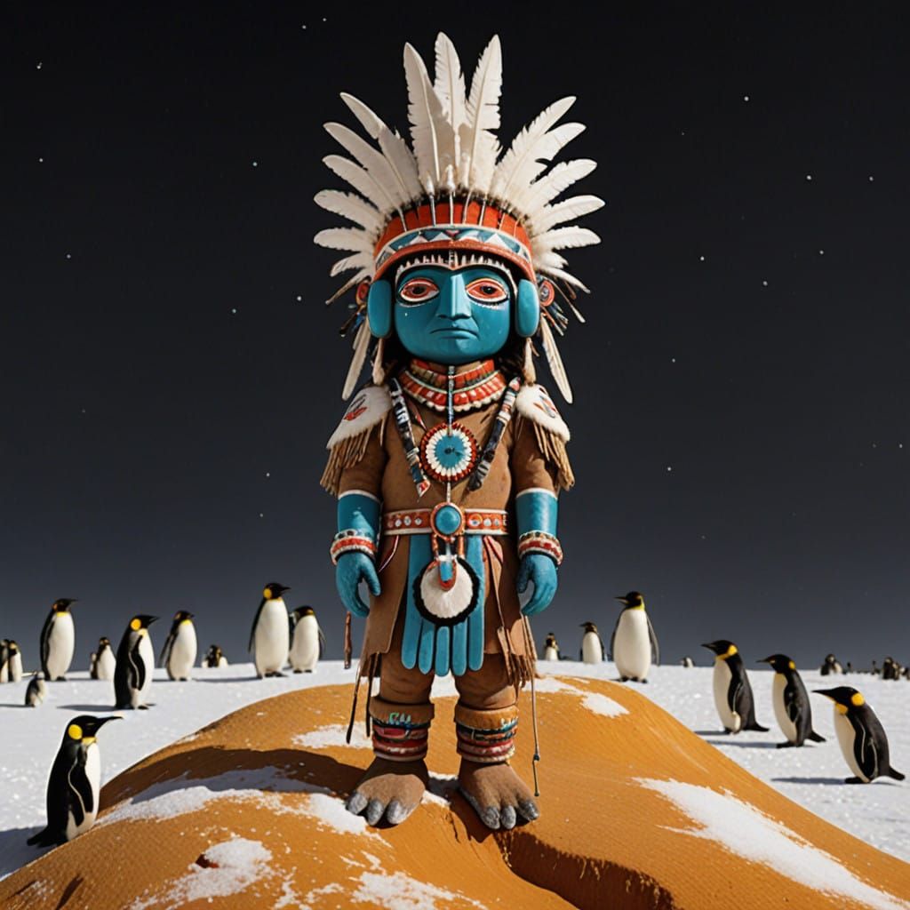 Hyperrealistic Navajo Kachina Doll on Snowy Plateau
