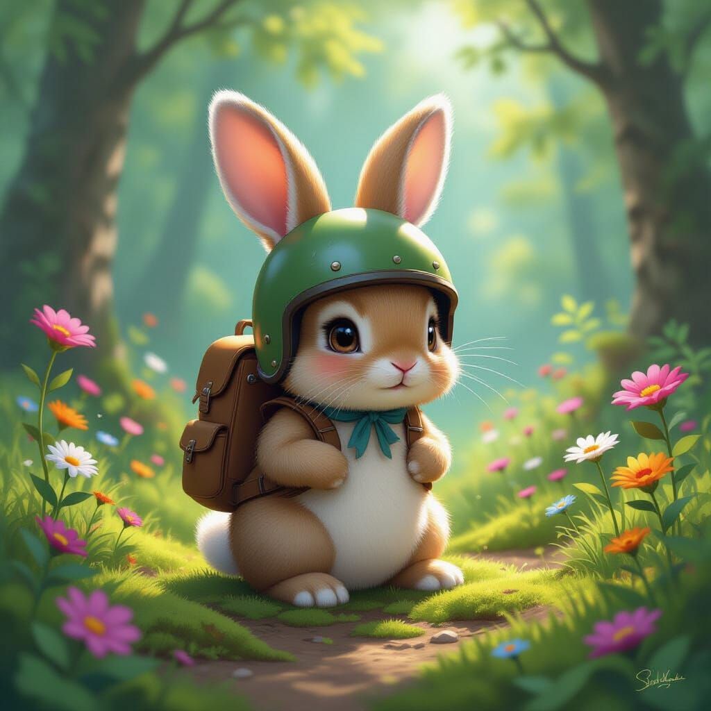 Armored Bunny in Enchanted Forest, Digital Art