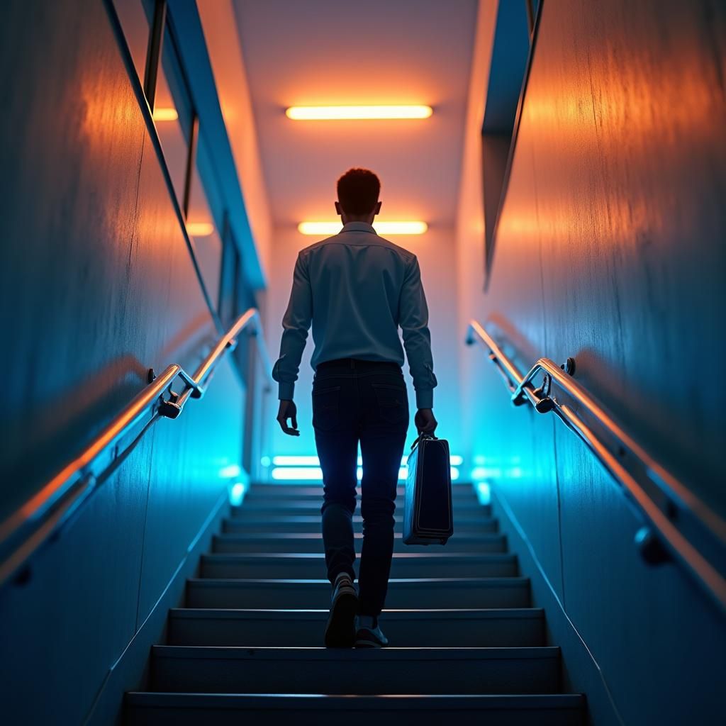 Man Ascending Stairs in Cyberpunk Style