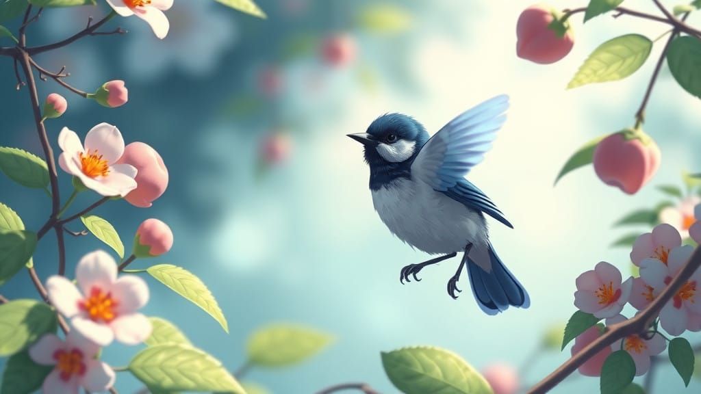 Whimsical Blue Magpie in a Serene Floral Landscape