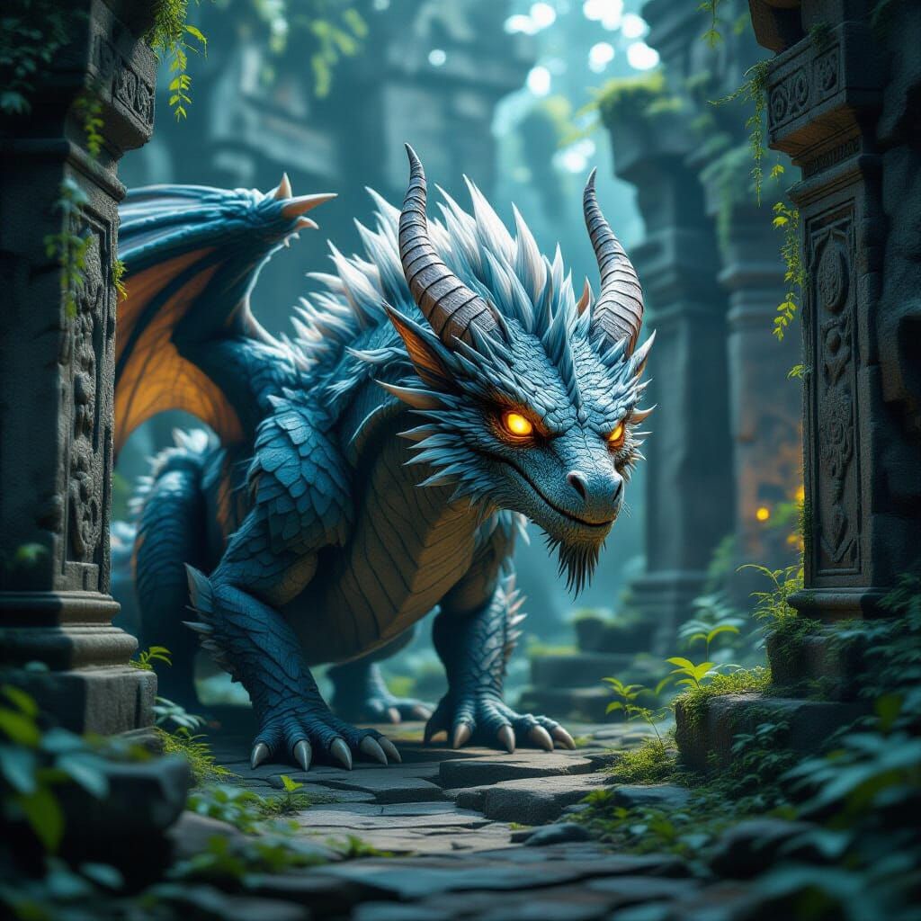Majestic Wooly Dragon in Ancient Temple Ruins
