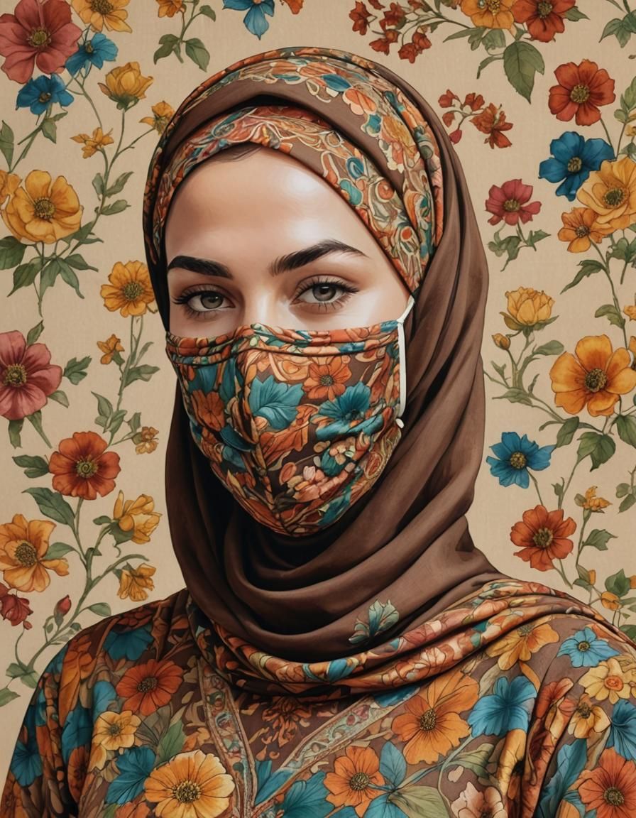 Fair Hijabi Woman Portrait in Pop Art Style