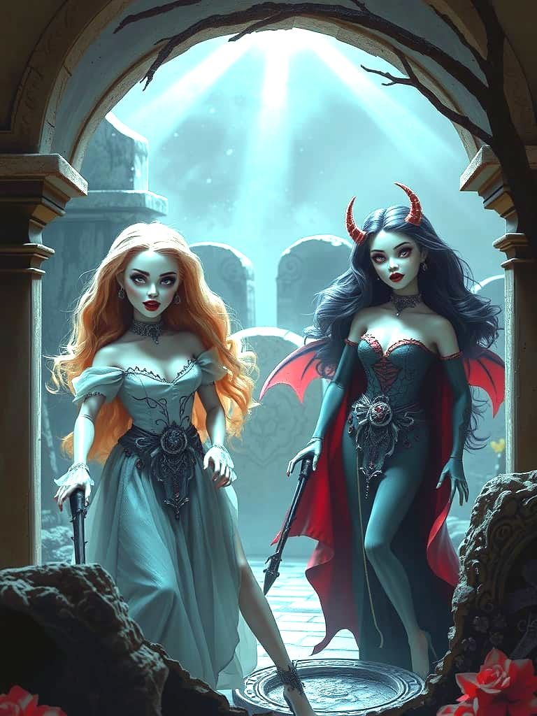 Sinister Vampire Barbie Dolls in a Crypt, Dark Fantasy Art