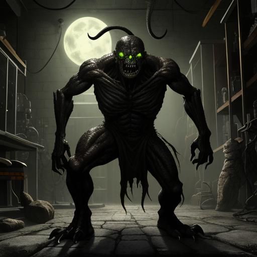 Eerie Lab Monster Awakens: A Classic Horror Scene