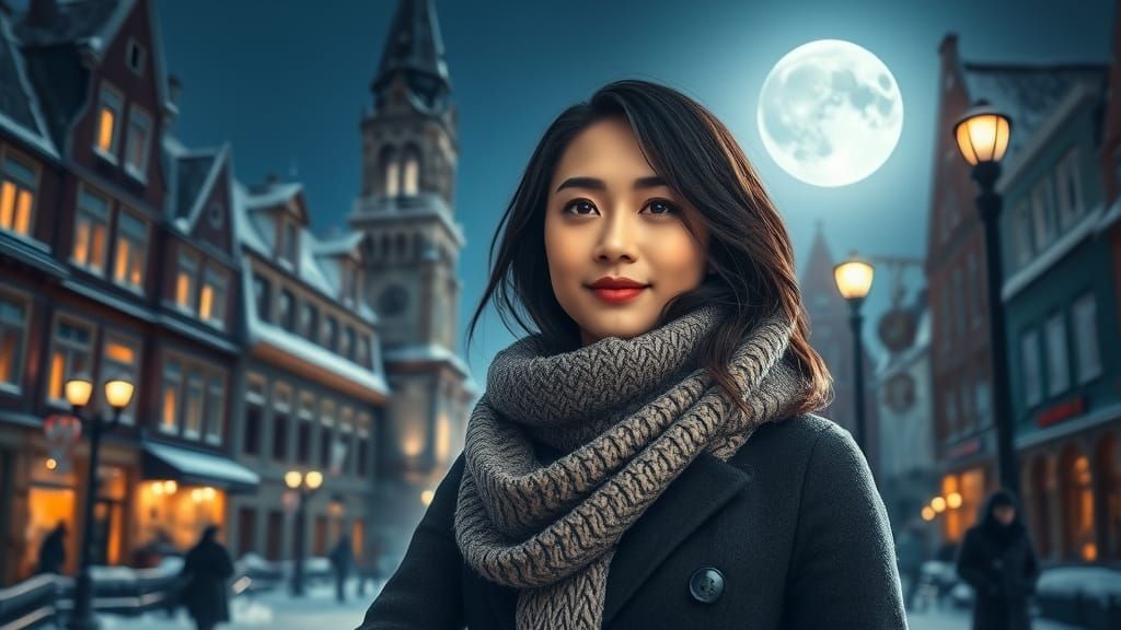 Asian Woman in Snowy Street Under Moonlight