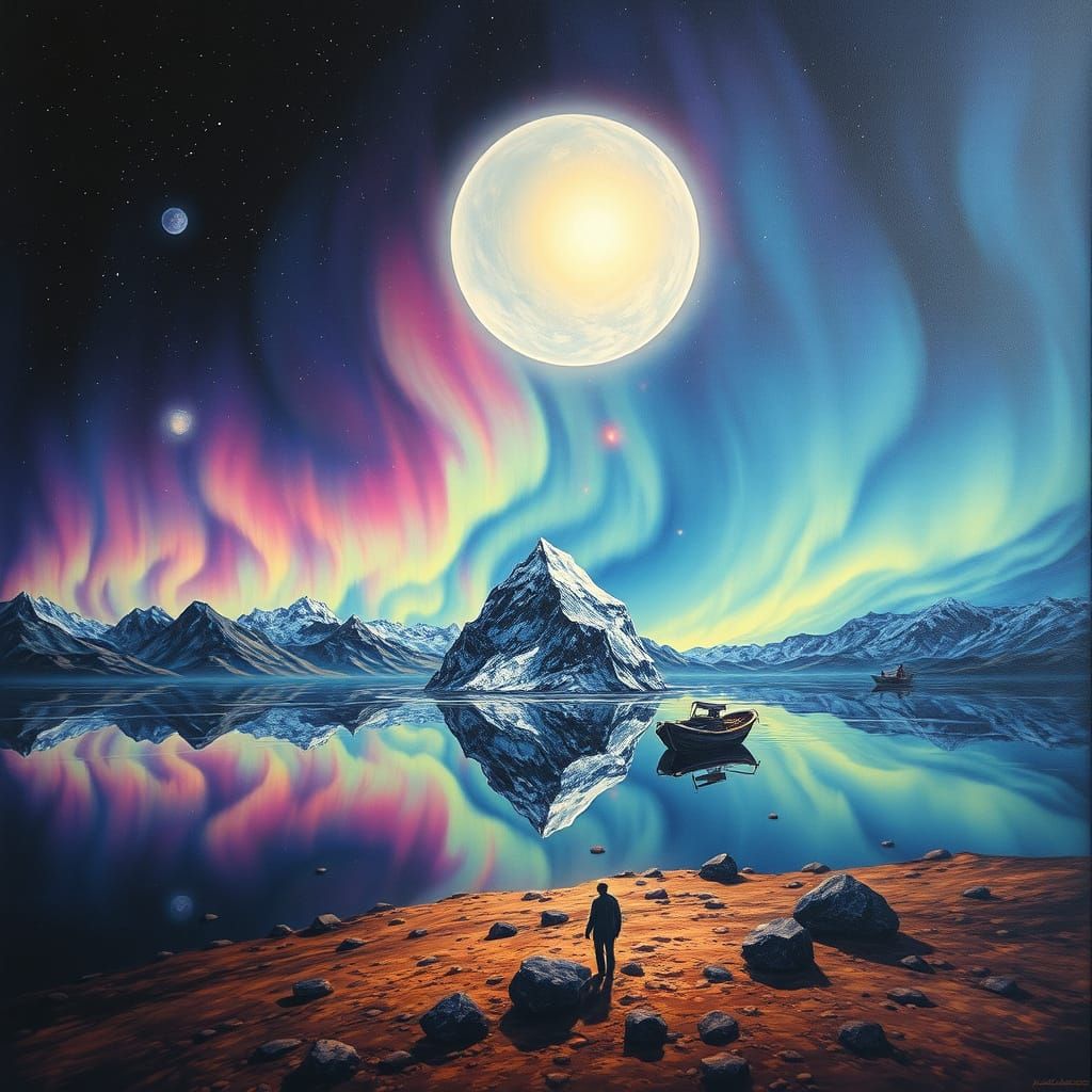 Crystal Moon Reflecting Aurora Borealis in Surreal Style