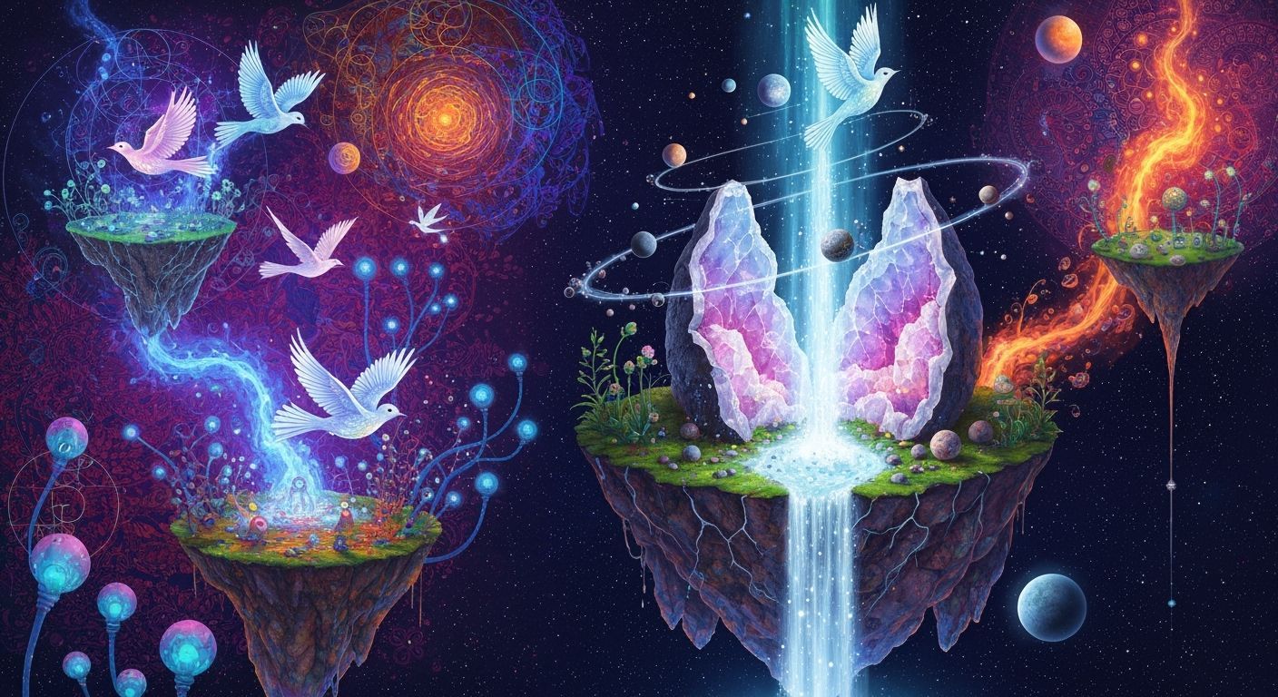 Ethereal Floating Islands with Cosmic Birds