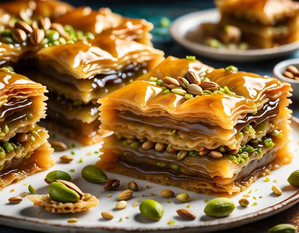 Greek Baklava Close-Up: Dripping Syrup and Pistachios
