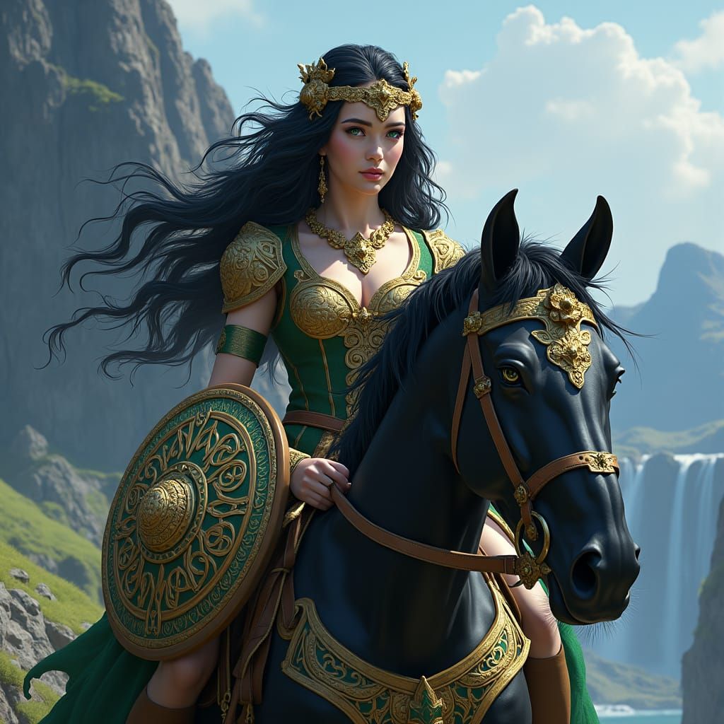 A celtic female warrior with long, wild, Black hair with ash white streaks and striking green eyes. The female warrior h...
