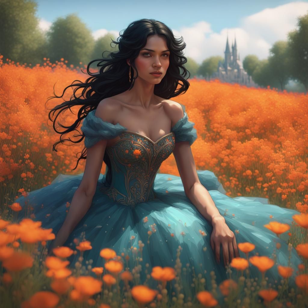 Woman in Ballgown in Flower Field, Art Nouveau Style