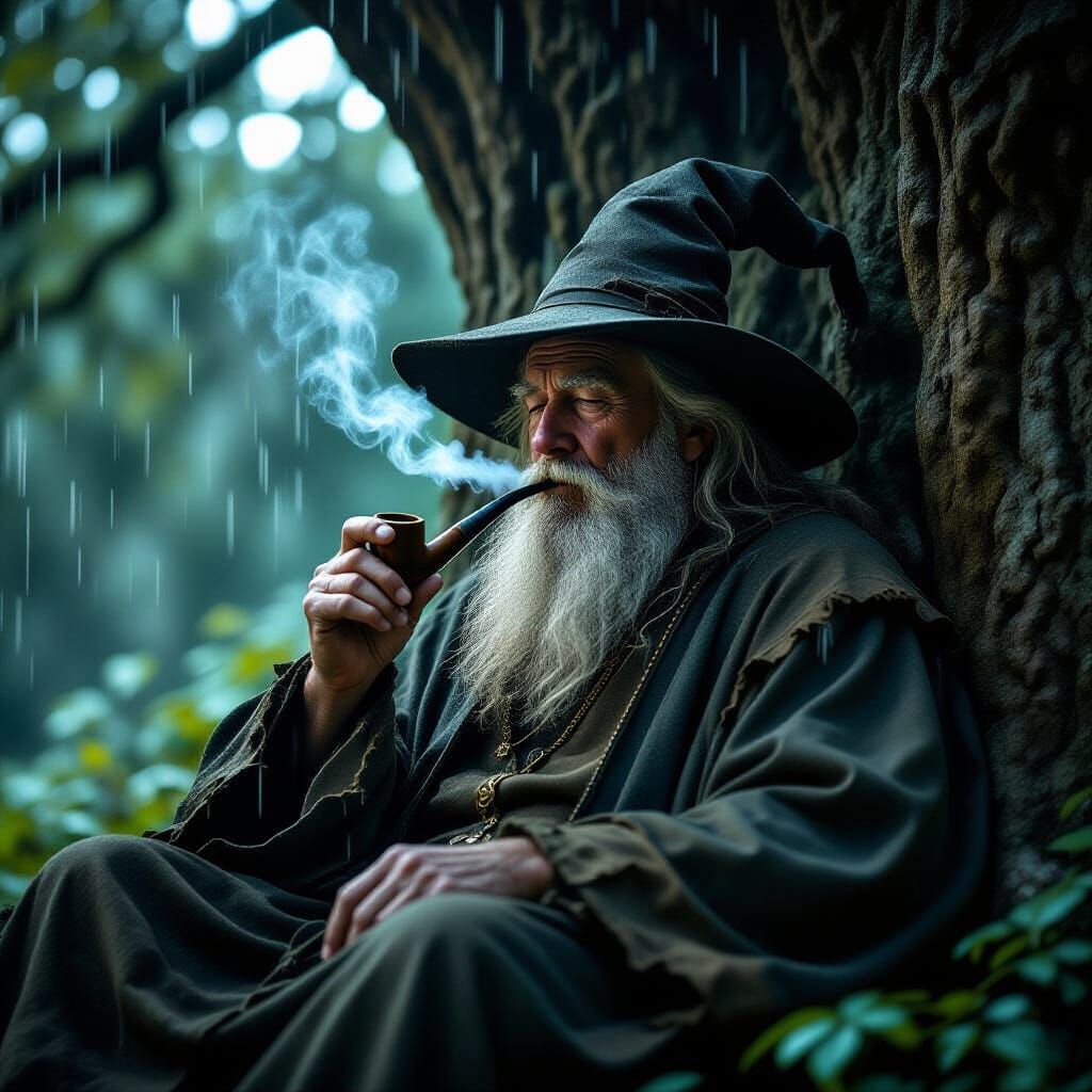 Aged Wizard Puffs Pipe in Rainy Cinematic Scene