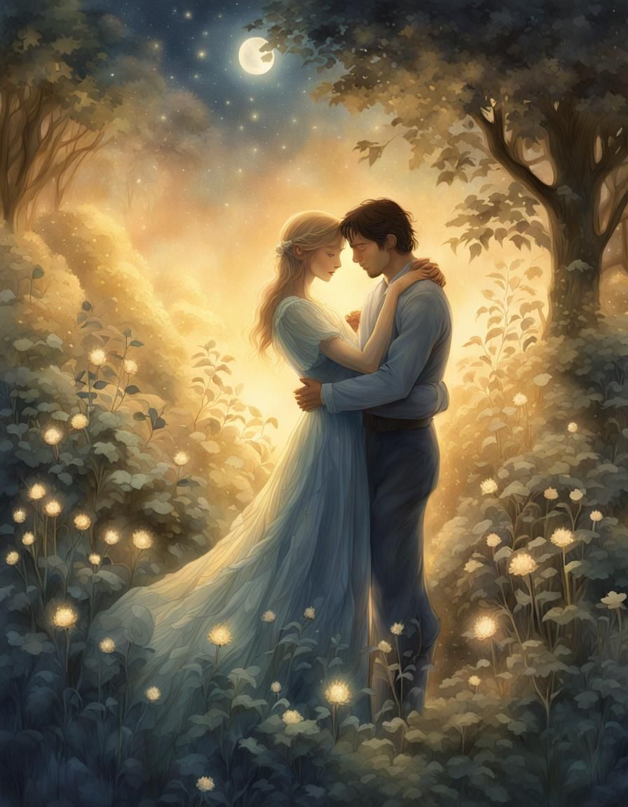 Romantic Couple in Moonlit Garden, Watercolor Style