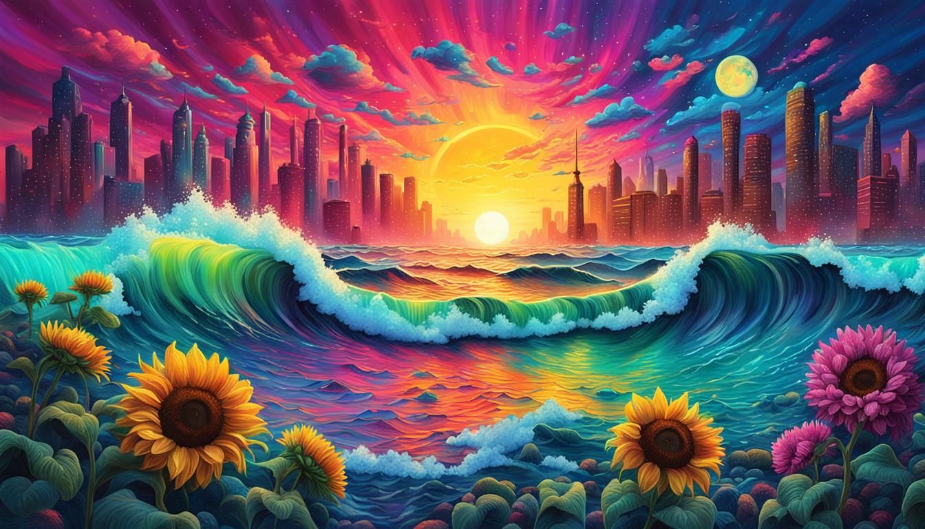 Moonlit Ocean Waves in Cyberpunk Candy Art Style