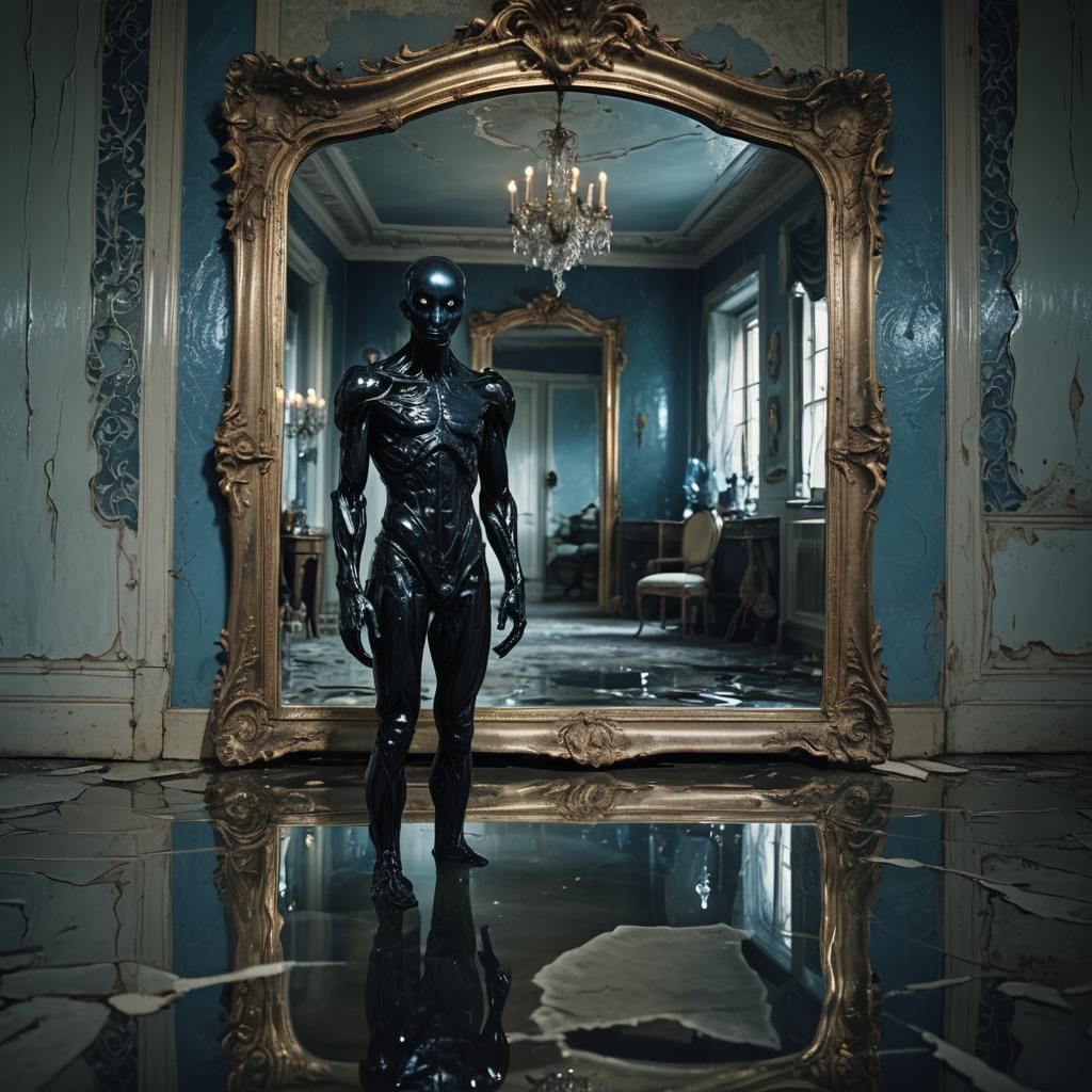 Eerie Surrealist Figure in Distorted Mirror Room