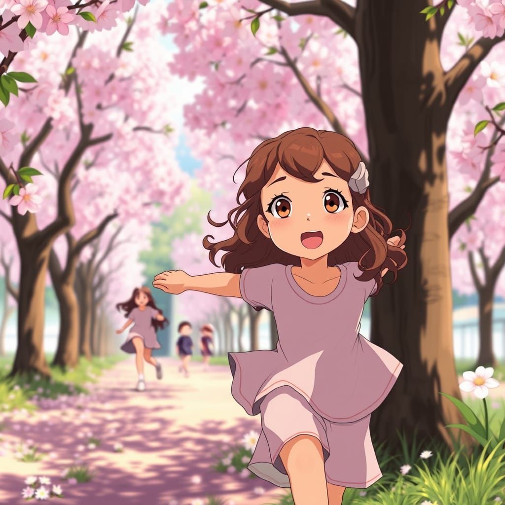 Girl Running Through Cherry Blossoms In Anime Style