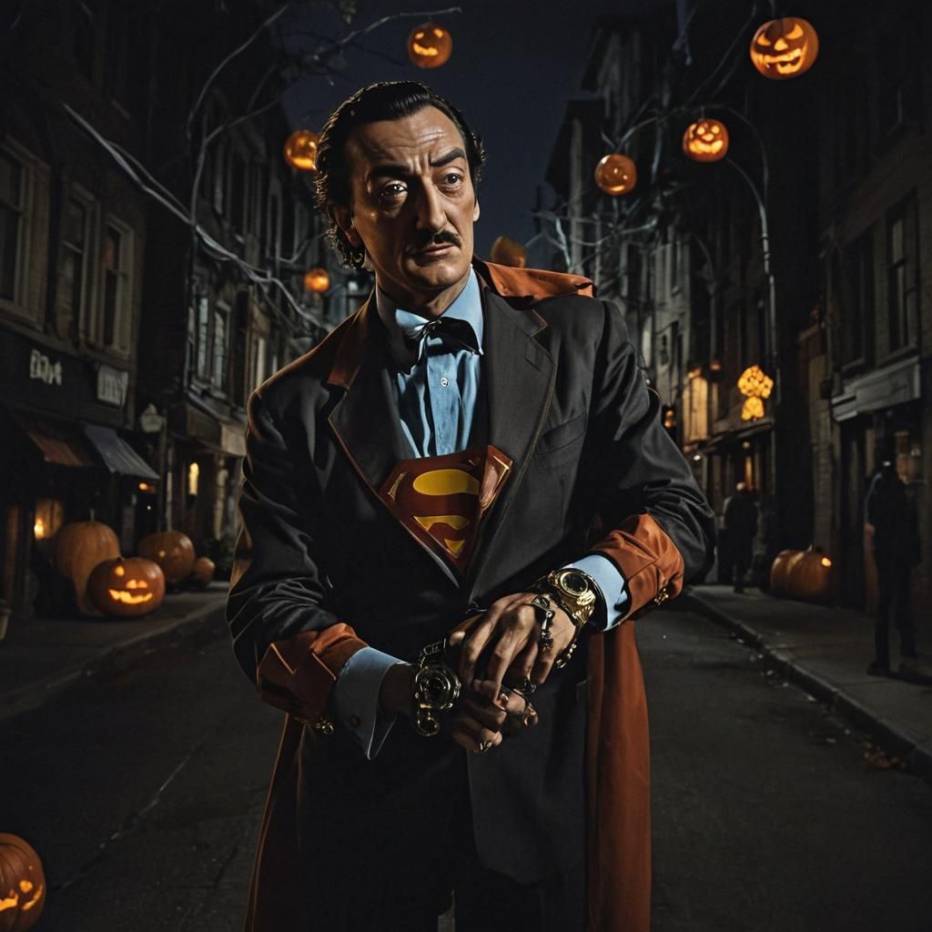 Dali as Superman in Surreal Halloween Scene
