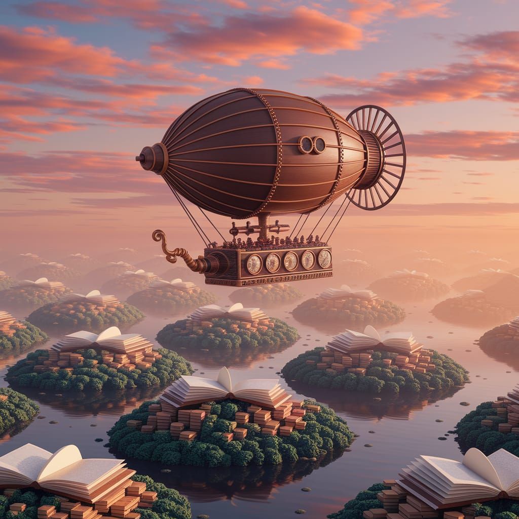 Steampunk Coffee Cup Airship Soars Over Book Islands in a Wh...