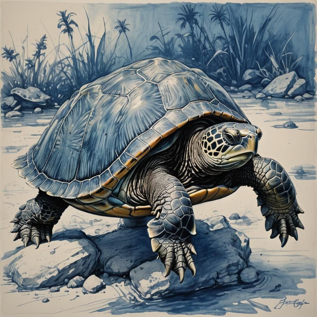 Turtle in Blue Biro: Oil Painting Style