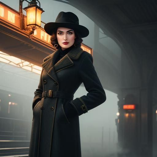 Mysterious Woman at Art Deco Train Station