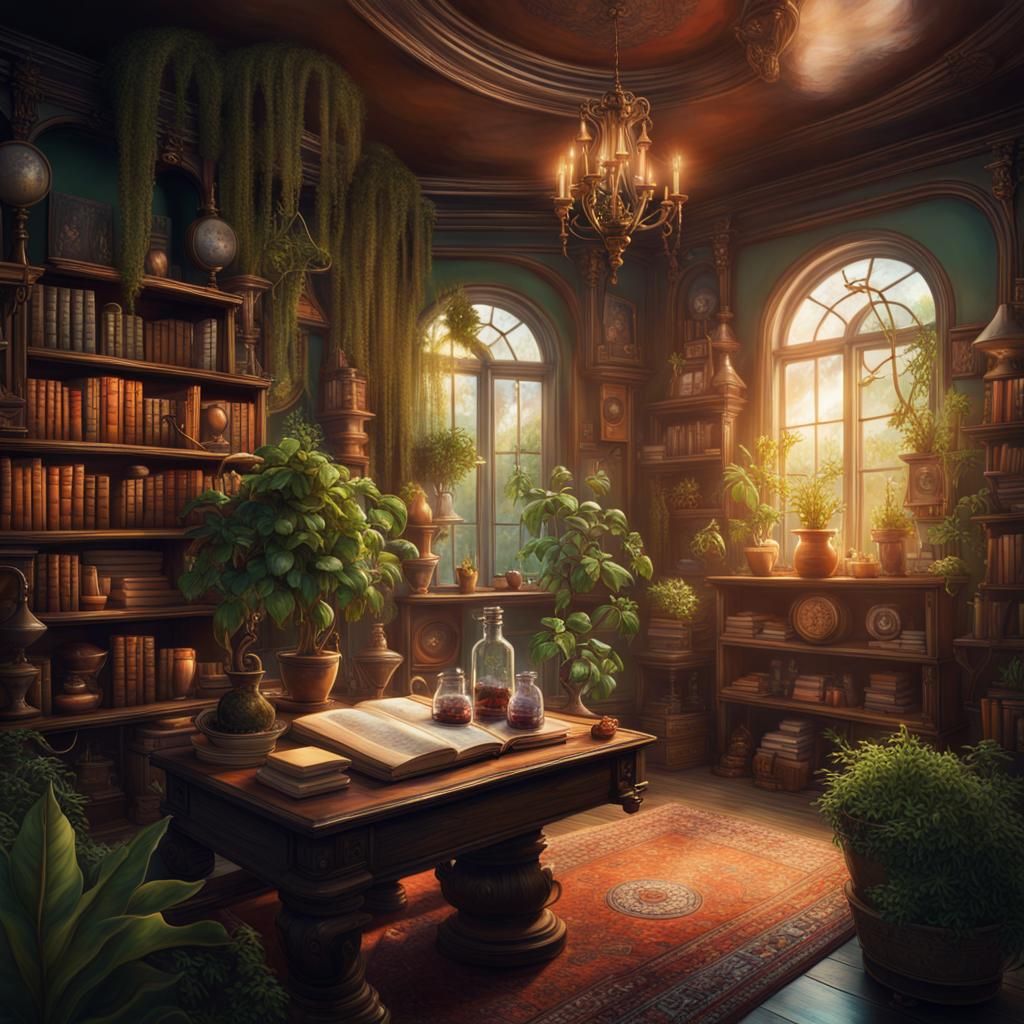 Intricate Magician's Study in Hyperrealistic Style