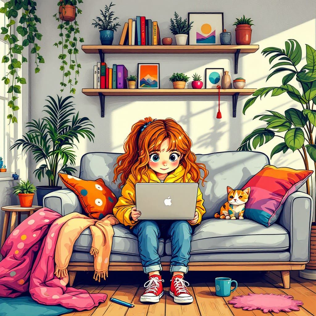 Girl on Laptop: Colorful Living Room Illustration
