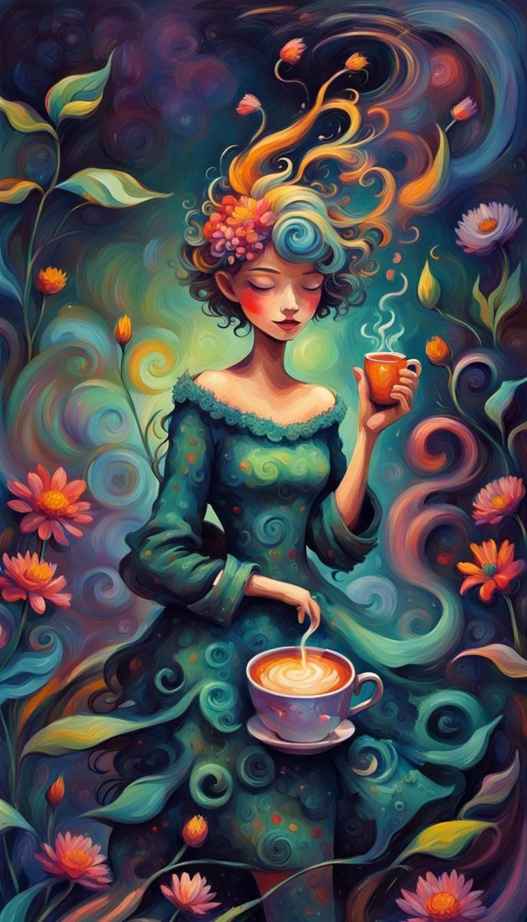 Pixie Enjoying Coffee: A Whimsical Digital Art
