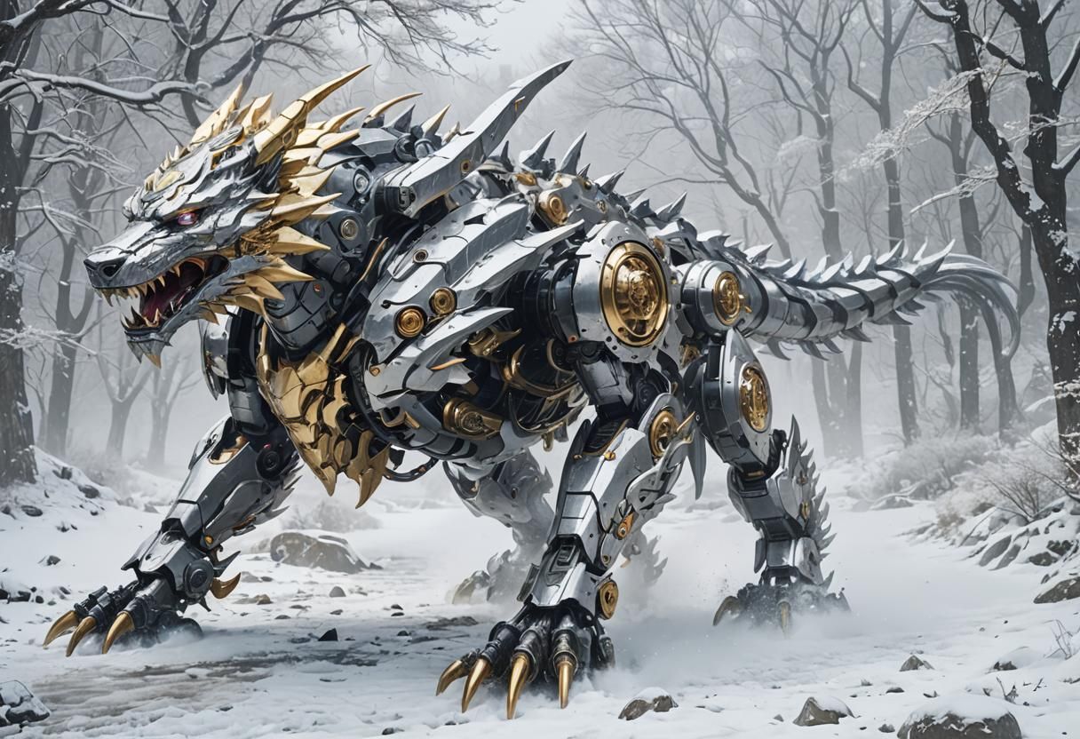 Armored Cyberpunk Dragon-Wolf in Misty Riverbed
