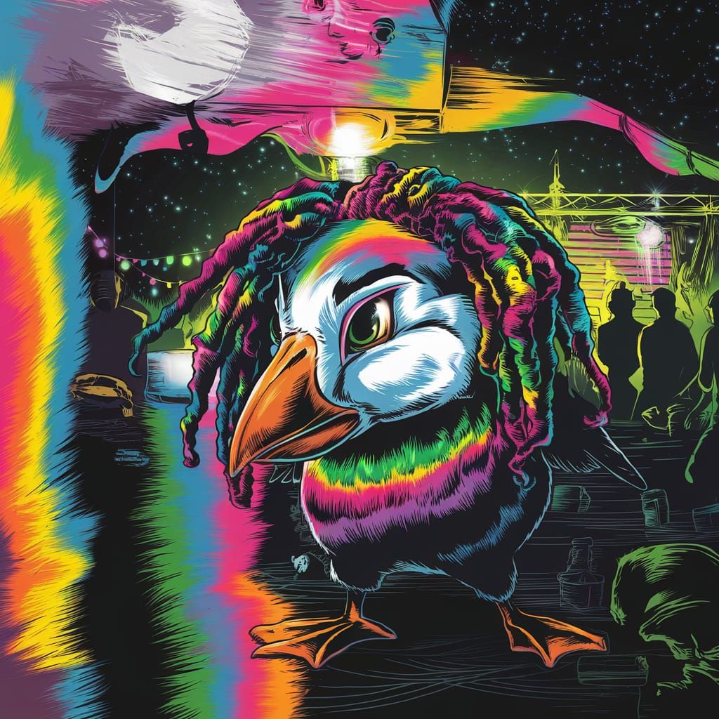 Psychedelic Rasta Puffin Dances at a Rave