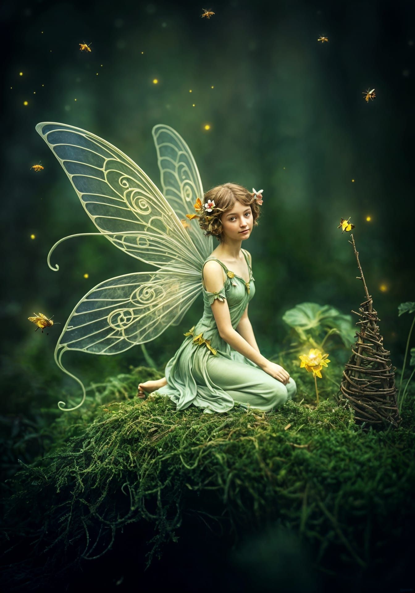 Happy Fairy in Mucha-Inspired Nature Scene