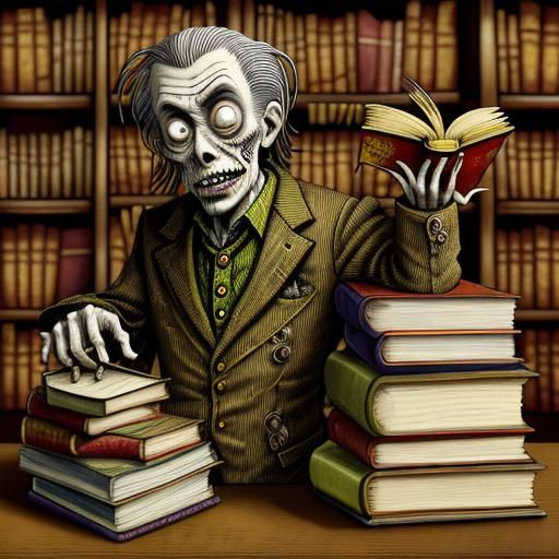 Disturbing Zombie Librarian in Art Brut Style