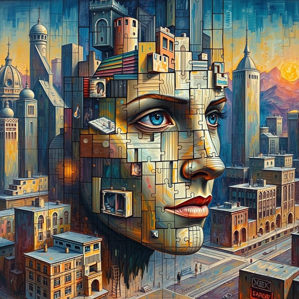 Fragmented Puzzle Portrait in Impasto Oil