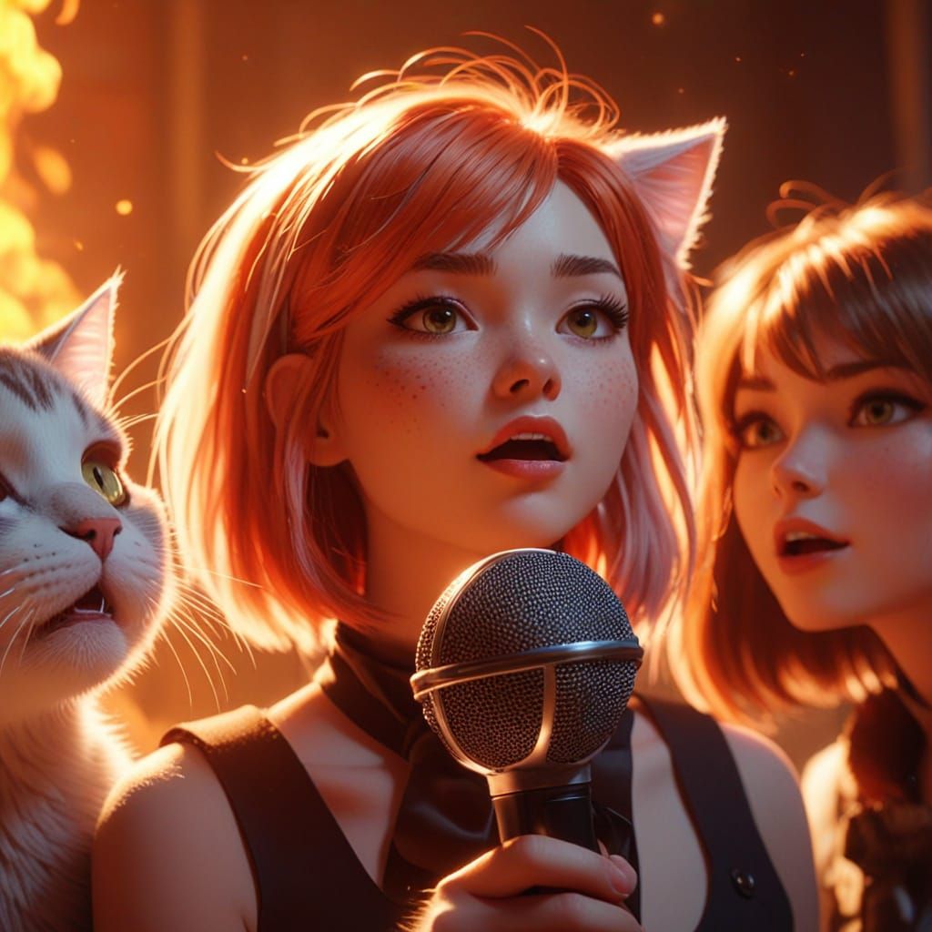 Cat Burns Singing with Girls in Anime Style