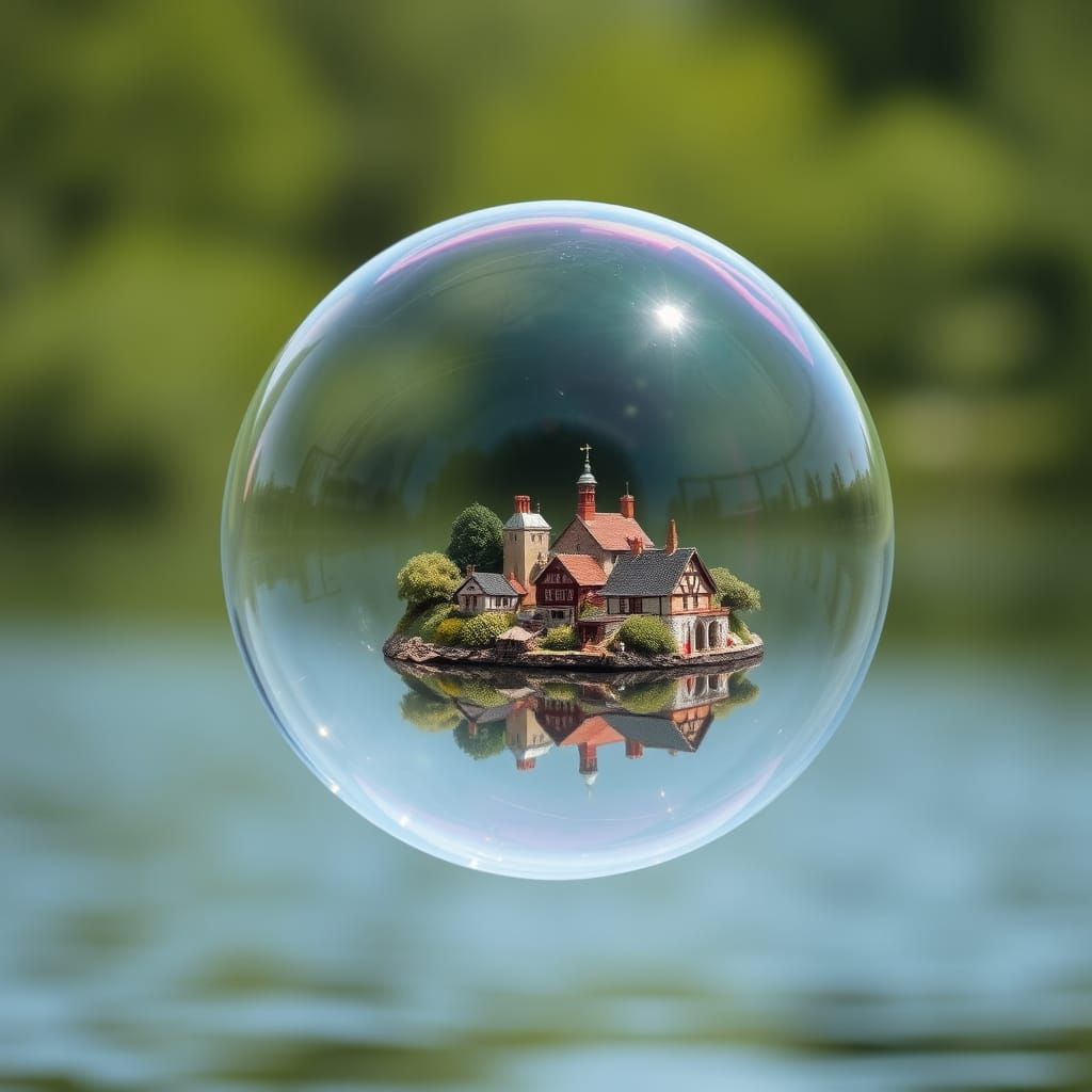 Miniature English Village Encapsulated in Floating Bubble