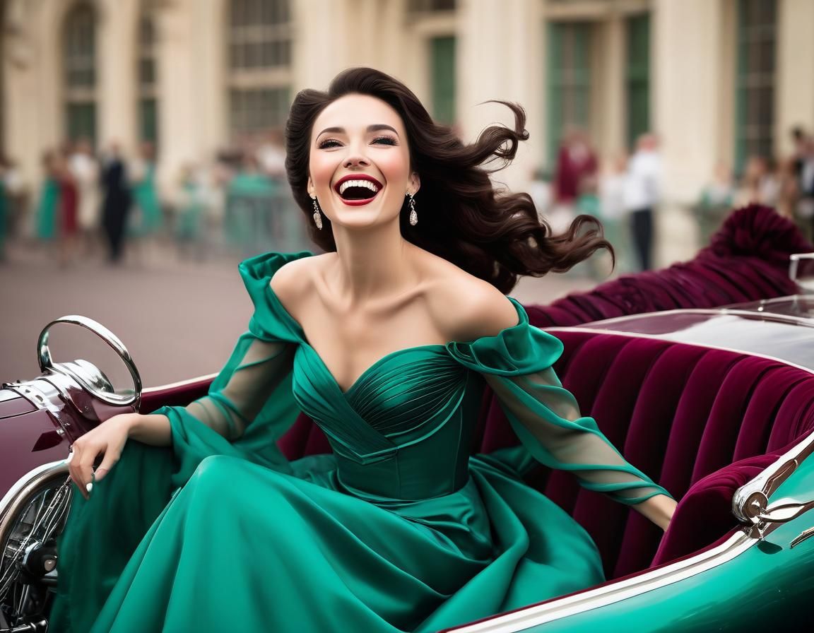 Woman on Vintage Car in Art Deco Style