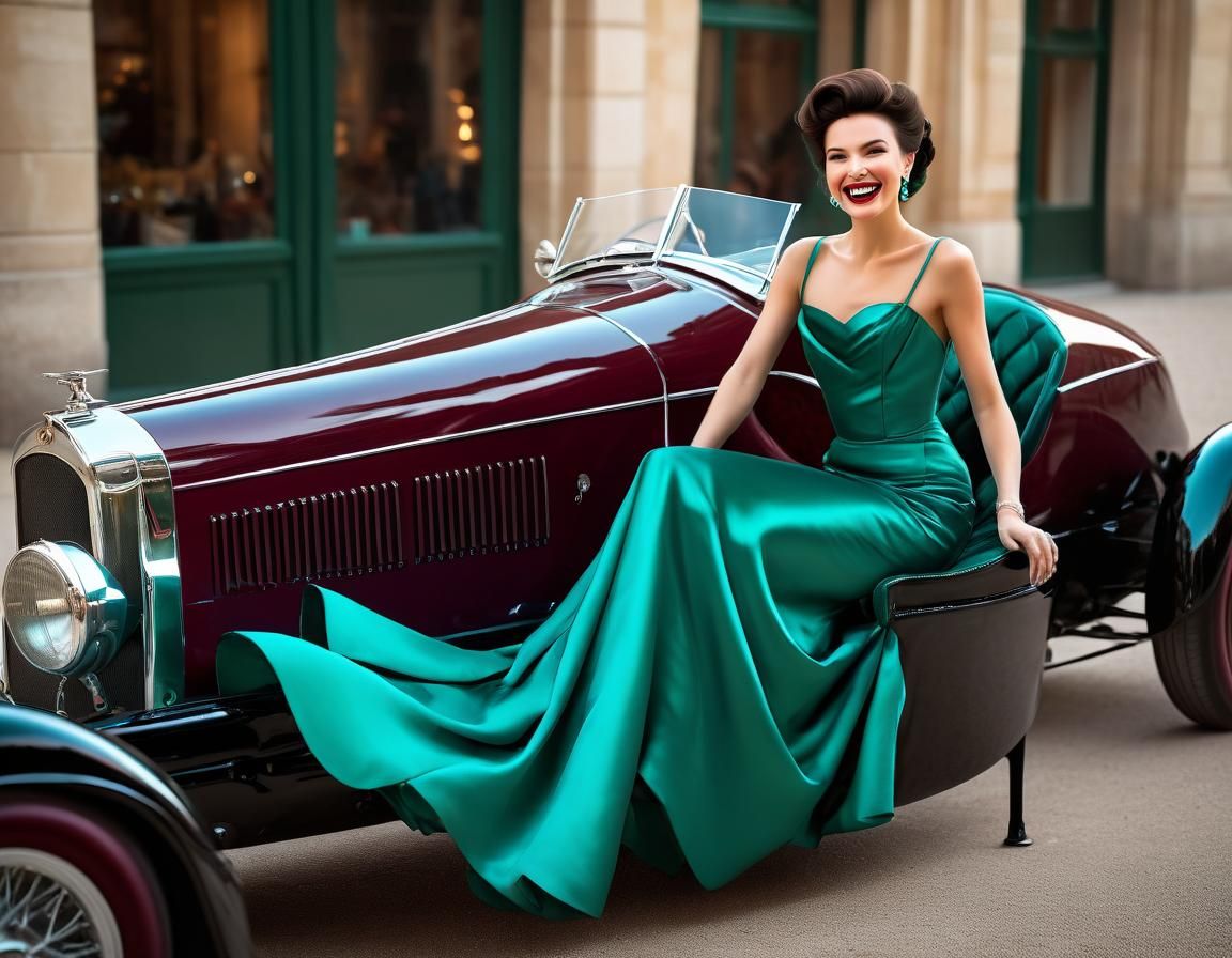 Woman on Vintage Car in Tamara de Lempicka Style