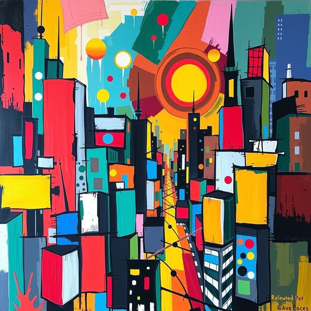 Abstract Cityscape in Art Brut Style with Geometric Forms an...