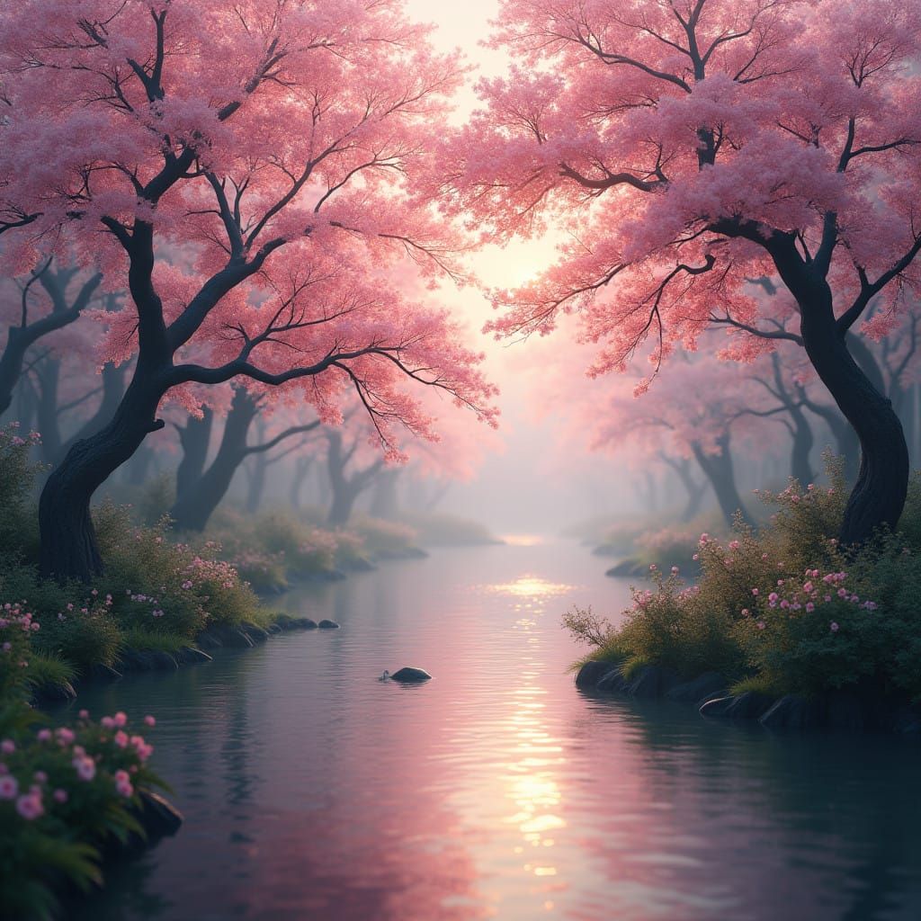 Serene River Landscape with Cherry Blossom Trees in Full Blo...