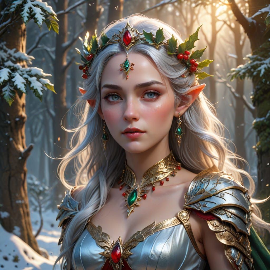 Regal Elf Queen in Snowy Forest, Ultra-Realistic Fantasy
