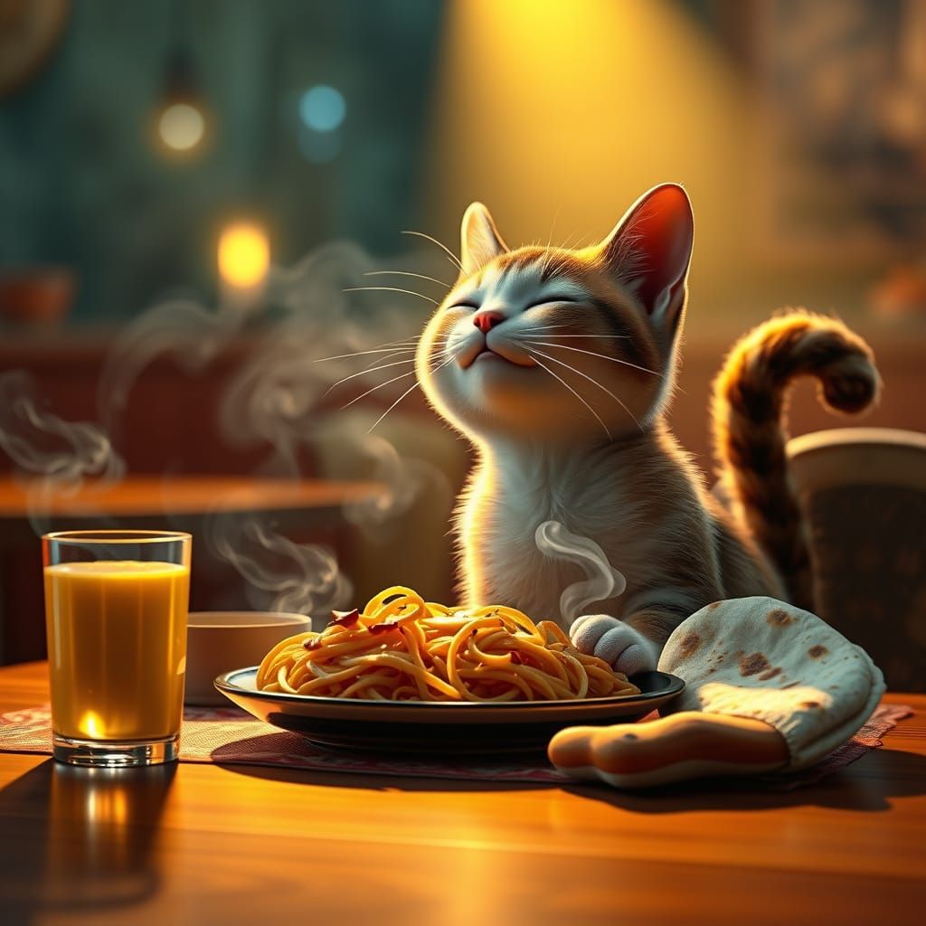Peaceful Feline Dines in Warm Ambiance
