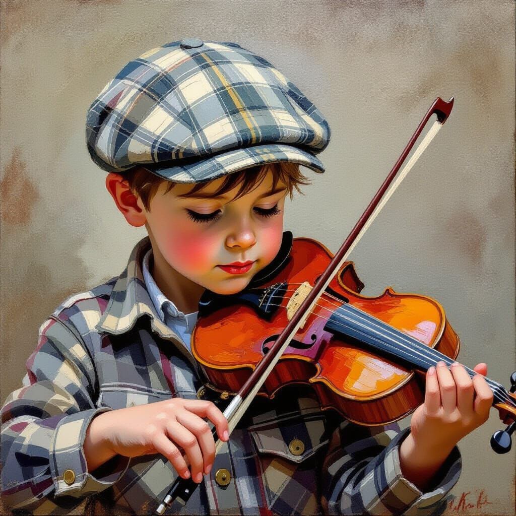 Impasto Painting of Boy Playing Violin in Antique Style