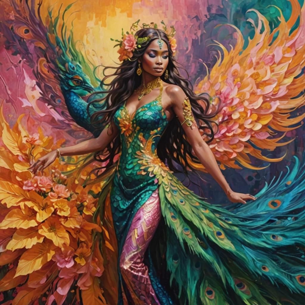Dragon Peacock Woman in Abstract Expressionist Style