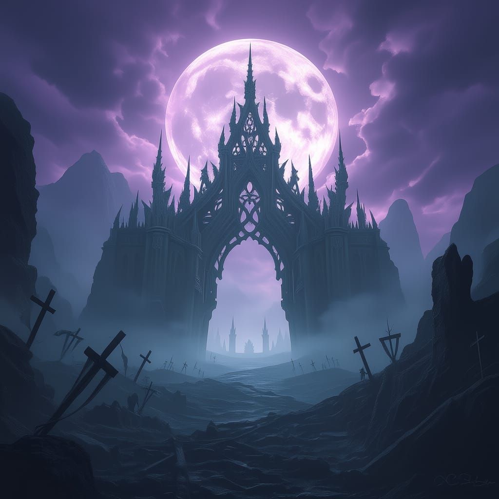 Epic Underworld Scene in Dark Purple Hues
