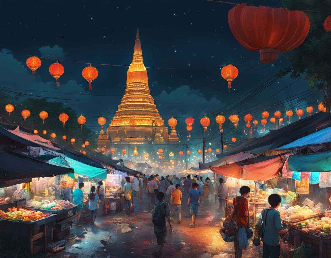 Vibrant Bangkok Night Market in Photorealistic Style