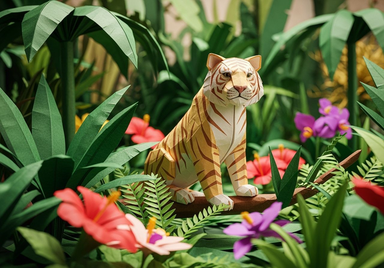 Origami Paper Tiger in Jungle Landscape