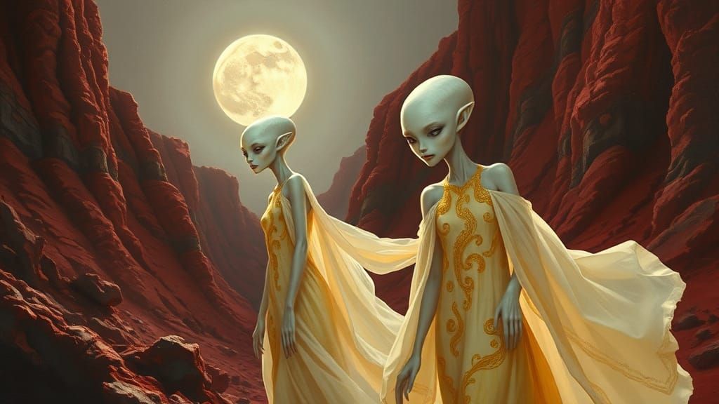 Elegant Alien Women in Distress: Ethereal Oil Painting