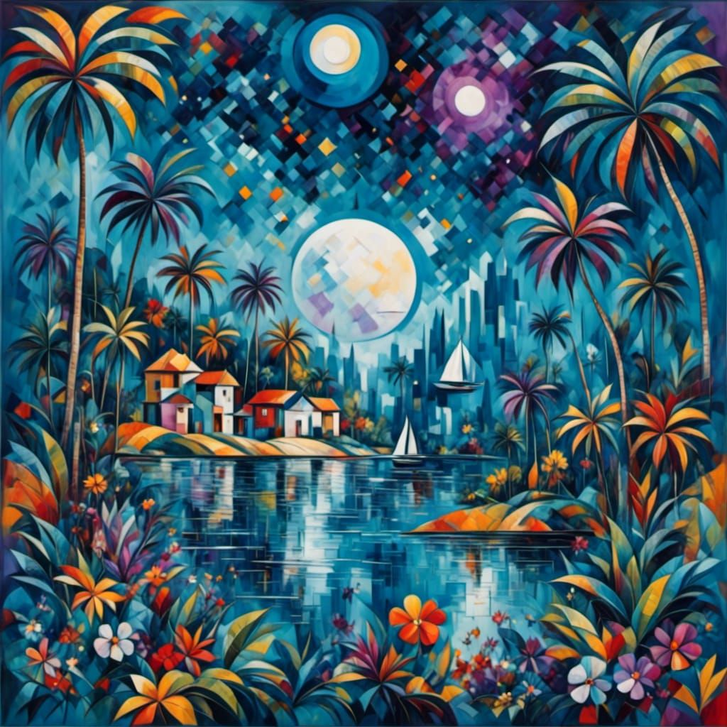 Abstract Tropical Village in Crystal Cubism Style