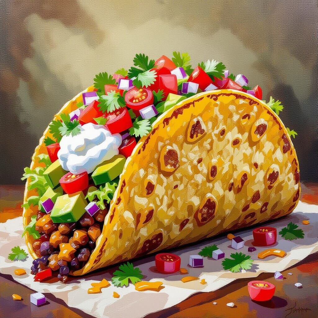 Giant Taco Impressionist Painting with Overflowing Toppings
