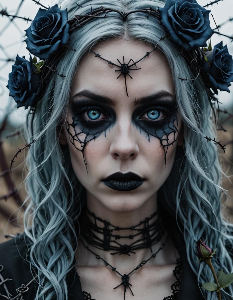 Gothic Portrait with Roses and Barbed Wire