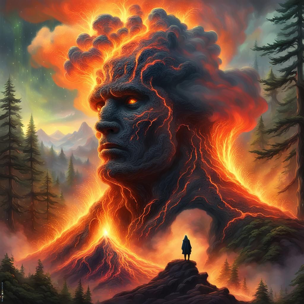 Volcanic Hooded Figure in Mystical Forest, Digital Art